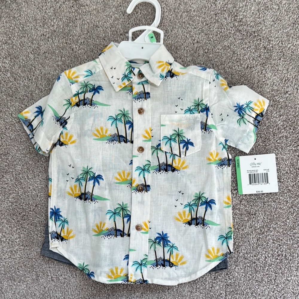 Little Me White and Yellow Button Down Shirt Tropical Print and gray shorts
